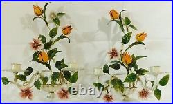 Pair Antique/Vtg Italian Painted Tole Flowers Wall Candle Holder Sconces ITALY