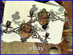 Pair Art Nouveau Style Bronze Finish Twin Metal Sconces / Wall Candle Holders