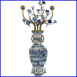 Pair Blue and White Chinoiserie Wall Pocket Vase Sconce With Candle Stick