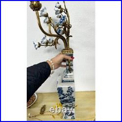 Pair Blue and White Chinoiserie Wall Pocket Vase Sconce With Candle Stick