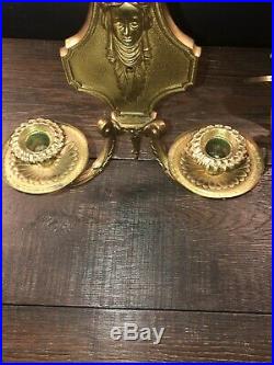Pair Brass Antique Ornate Wall Sconces Candle Holders