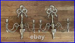 Pair Brass Double Arm Ribbons Bow Tassel Candle Holder Wall Sconce Set of 2