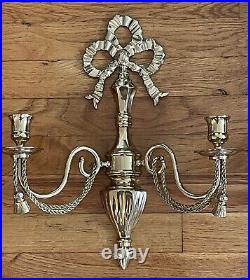 Pair Brass Double Arm Ribbons Bow Tassel Candle Holder Wall Sconce Set of 2