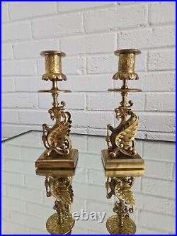 Pair Brass Griffin Candlesticks Embossed Sconces Circular Drip Trays Square Base