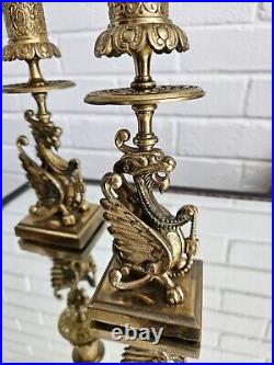 Pair Brass Griffin Candlesticks Embossed Sconces Circular Drip Trays Square Base