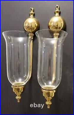Pair Brass Wall Scones Candle Holders Hurricane Shade Calonial Williamsburg USA