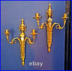 Pair Century Brass Double Arm Candle Holders Wall Sconces