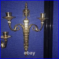 Pair Century Brass Double Arm Candle Holders Wall Sconces