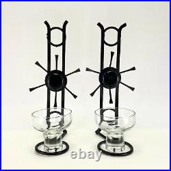 Pair Danish Wrought Iron w Blue Glass Stone Wall Candle Holders w Glass Insert