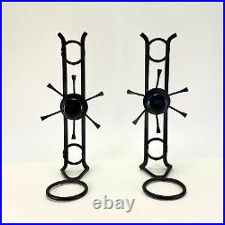 Pair Danish Wrought Iron w Blue Glass Stone Wall Candle Holders w Glass Insert