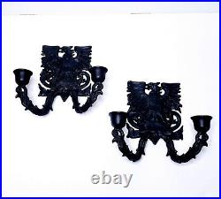 Pair Eagle Historical Wilton Black Cast Iron Wall Candle Holders Goth Vintorian