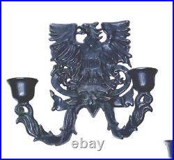 Pair Eagle Historical Wilton Black Cast Iron Wall Candle Holders Goth Vintorian