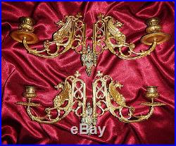 Pair French Antique Gilded Bronze Wall/ Piano Sconces/ Candleholders Dragons