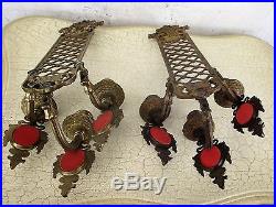 Pair French Brass Wall Sconces Candelabras Victorian era Limoges Sevres 3 arms