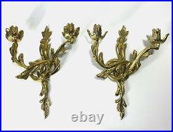 Pair French Rococo Style Solid Brass Candle Wall Sconces Hollywood Regency Gold