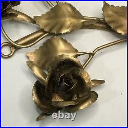 Pair Gilt Gold Hollywood Regency Italian Rose Wall Sconce 2 Candle Holder