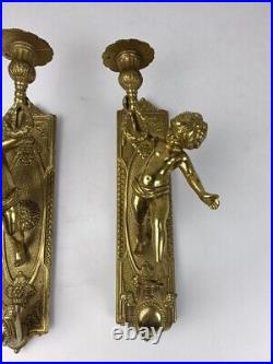 Pair Gorgeous Wall Mounted Sconces Ampliques Candle Holders Putti Cherub Angels