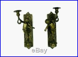 Pair Gorgeous Wall Mounted Sconces Candle Holders Putti Cherub Angels Brass