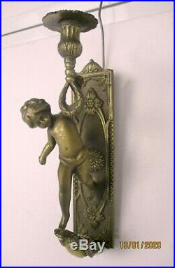 Pair Gorgeous Wall Mounted Sconces Candle Holders Putti Cherub Angels Brass