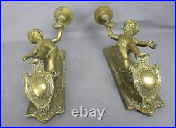 Pair Gorgeous Wall Mounted Sconces Candle Holders Putti Cherub Angels Brass Mark