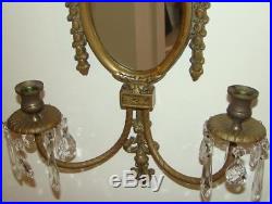 Pair Hollywood Regency BRASS CRYSTAL 12 PRISM CANDLE HOLDER WALL SCONCE MIRROR