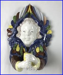 Pair Italy Majolica Angel Putti Wall Sconce Candle Holders
