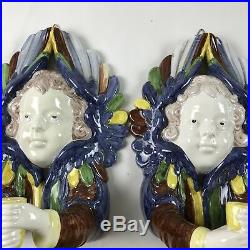 Pair Italy Majolica Angel Putti Wall Sconce Candle Holders