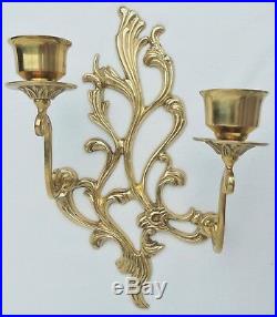 Pair Large 14 Vintage French Gold Gilt Brass Wall Sconces Candle Holders #4888
