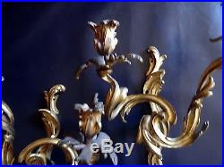 Pair Large Antique French Bronze Rococo Wall Sconces/ Candle Holders