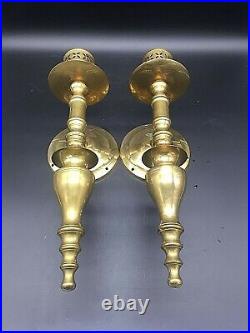 Pair Large Brass Colonial Style Wall Sconce Single Candle Holder Candlestick