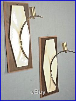 Pair MID Century Art Modern 1950's Wood+brass Wall Sconce Candle Holders