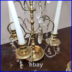 Pair Of 19th Century Brass 3 Arm Candelabras Withall Original Crystals