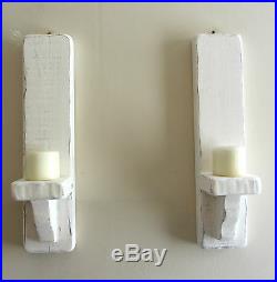 Pair Of 50cm Distressed White Solid Wood Shabby Chic Wall Sconce Candle Holder