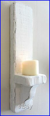 Pair Of 50cm Distressed White Solid Wood Shabby Chic Wall Sconce Candle Holder