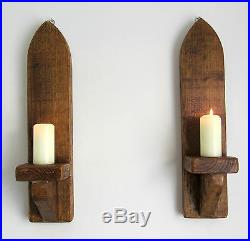 Pair Of 53cm Rustic Solid Wood Antique Wax Gothic Arch Wall Sconce Candle Holder