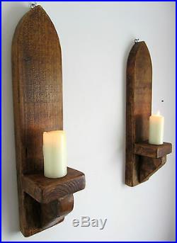 Pair Of 53cm Rustic Solid Wood Antique Wax Gothic Arch Wall Sconce Candle Holder