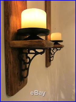 Pair Of 55cm Rustic Reclaimed Wood & Cast Iron Wall Sconce Candle Holder