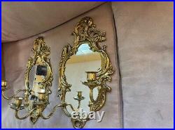 Pair Of Antique Brass Mirrored Wall Hanging Sconces With Two Arm Candle Holders