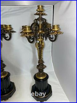 Pair Of Antique Bronze Candelabra W Ornamental Fluted Columns 5 Candle Holder