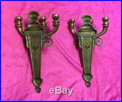 Pair Of Antique Ornate Heavy Brass / Bronze Wall Sconces Candle Holders Rare