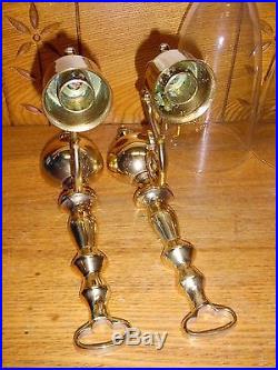 Pair Of Baldwin Brass Wall Sconce Candle Holders with Glass Hurricane Shades