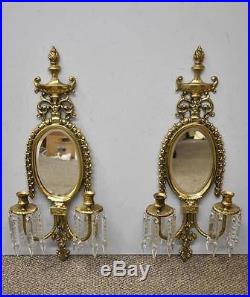 Pair Of Brass Crystal & Mirrored Candle Holder Wall Sconces