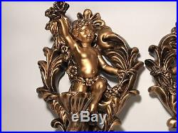 Pair Of Brass Style Cherub Wall Sconces Candle Stick Holder Torchere Sconce