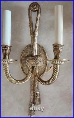 Pair Of French Louis XVI Style Brass Vintage Wall Sconces Ribbon Knot Tassel