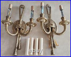 Pair Of French Louis XVI Style Brass Vintage Wall Sconces Ribbon Knot Tassel