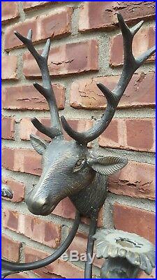 Pair Of Iron Cast Deer Head And Antler Wall Candle Sconces