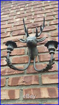 Pair Of Iron Cast Deer Head And Antler Wall Candle Sconces