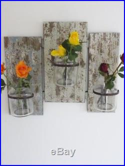 Pair Of Rustic Wood Wooden Wall Mounted Flower Jar Sconce Candle Holder