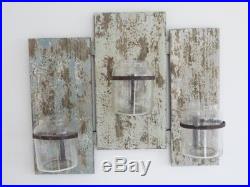 Pair Of Rustic Wood Wooden Wall Mounted Flower Jar Sconce Candle Holder