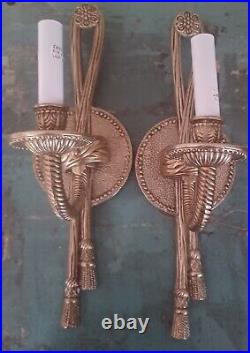 Pair Of VTG Hollywood Regency Brass Sconces Rope Tassel Electric Candle Light